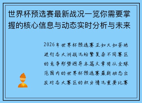 世界杯预选赛最新战况一览你需要掌握的核心信息与动态实时分析与未来展望